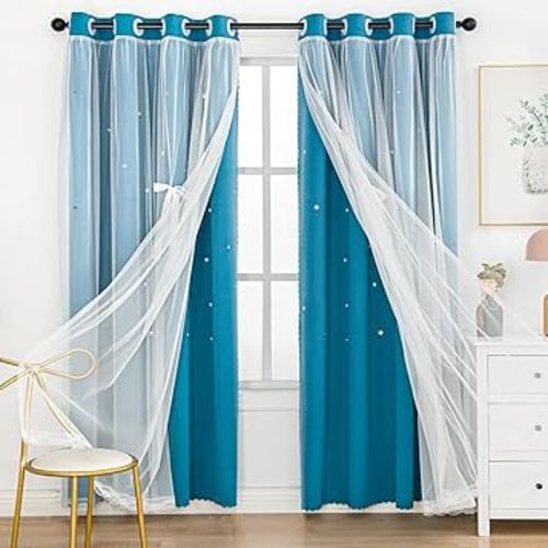 UNISTAR 2 Panels Stars Blackout for Bedroom Living Room Girls Kids Baby Room, Double Layer Star Cut Out Window Curtain, W34 x L84 Inch Length, Turquoise