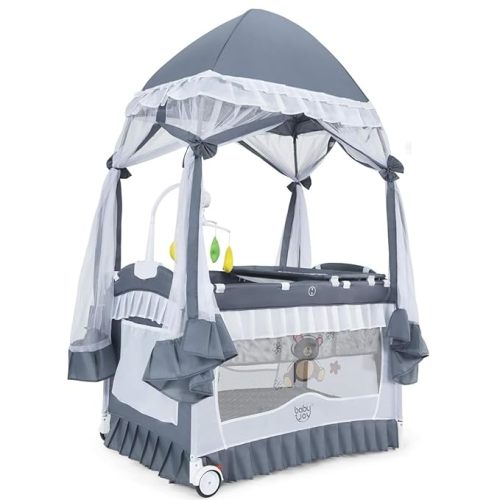 BABY JOY 4 in 1 Pack and Play with Canopy, Portable Baby Playard with Bassinet, Double-Layer Baby Crib, Wheels & Brake, Foldable Baby Girl Pink Bassinet from Newborn to Toddler