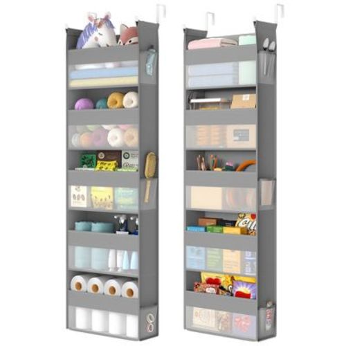 SONGMICS Over the Door Organizers, Set of 2, with 5 Large Pockets, 5-Tier Fabric Storage, Transparent Nylon Mesh, Hooks, Side Pouches, Dove Gray