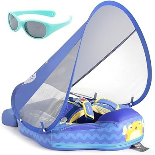 Mambobaby Float with Canopy and Tail New Upgraded Non-Inflatable Baby Pool Float Mambo Float Swim Trainer Solid Infant Swim Float Adjustable Pearl Foam Baby Swim Ring