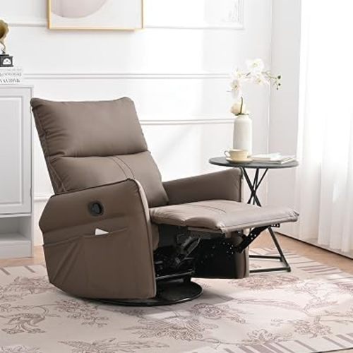 Recliner Nursery Chair, Small Recliner Chair with 360° Swivel, Rocking Recliner Chairs for Adults, Nursery, Adjustable Back, Side Pocket (Brown)