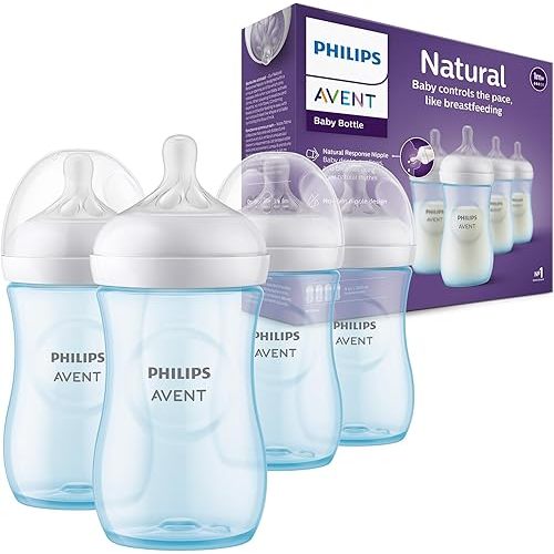 Philips Avent Natural Baby Bottles with Natural Response Nipples (Medium Flow, Flow 3), 9oz, Blue, 4-Pack, SCY903/24