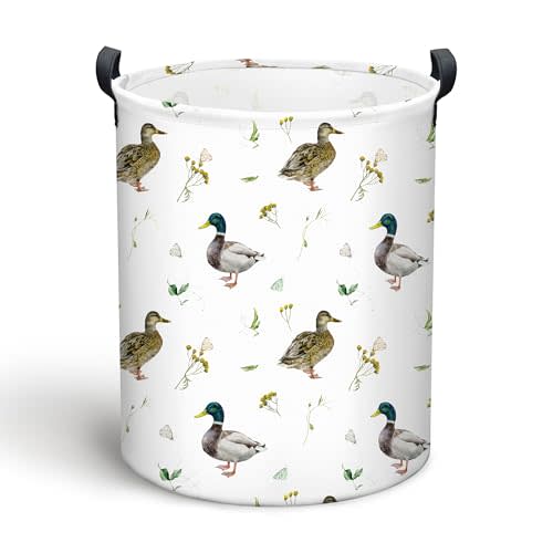 Mallard Duck Laundry Basket, Collapsible Waterproof Oxford Cloth Laundry Hamper, Funny Round Kids Toys Storage Basket as Room Decor, Cute Duck Dirty Clothes Hamper for Bedroom Bathroom Dorm (Brown)
