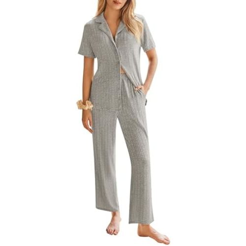 Ekouaer Womens Rib Knit Pajamas Button Up Lounge Sets Short Sleeve Top and Long Pants Matching Pjs Sleepwear Loungewear