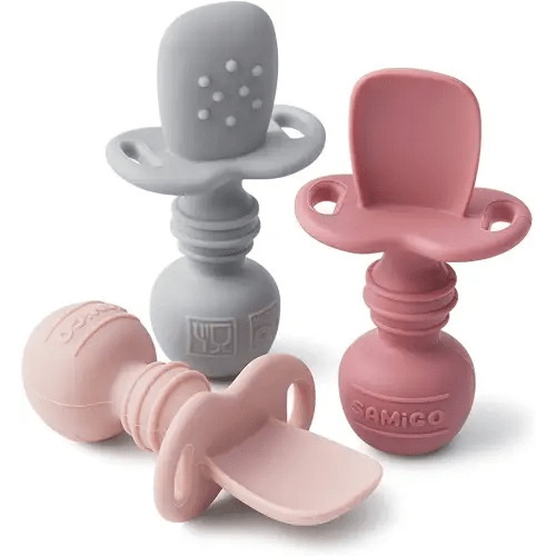 SAMiGO Silicone Baby Spoons Self Feeding 6+ Months - Infant Toddler Utensils - First Stage Baby Led Weaning Feeding Supplies - Set of 3 Pack