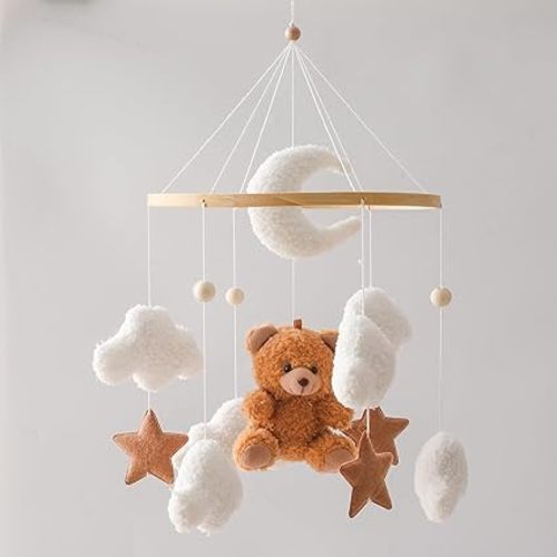 EERKEOD Baby Crib Mobile Bear Nursery Mobile for Boys Girls Teddy Velvet Mobile Nursery Decor for Infant Bedroom Hanging Baby Mobile for Bassinet Newborn Baby Gift（Brown Bear）