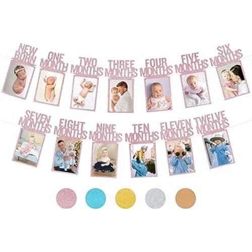 1st Birthday Photo Banner for Baby from Newborn to 12 Months, 1st Birthday Decorations Girl Monthly Milestones Garland | 1 Year Old First Photo Banner Pre-strung with Frame (Rose Gold)