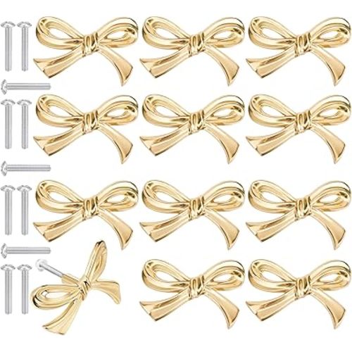 12 pcs Vintage Gold Drawer Knobs, Bow Shape Cabinets Knobs, Brass Bow Furniture Door Pulls Decorative Bow Dresser Handle Gold Bow Hardware for Dresser Home Kitchen Cupboard Drawer Wardrobe Pulls