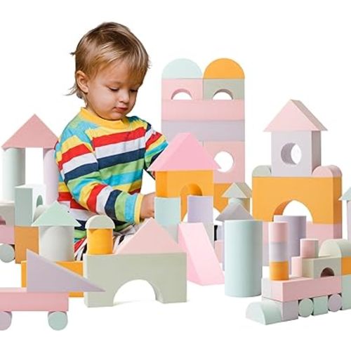 Set of 34 Jumbo Large Foam Blocks for Toddlers - Stacking Soft Blocks for Kids with Shapes & Colors Learning - Construction Building Preschool Toys - Giant Foam Bath Blocks for Toddlers 3-5 & above