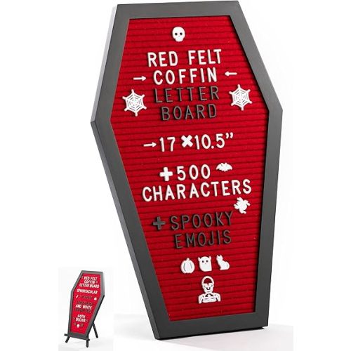 Nomnu Coffin Letter Board, Red Gothic Decor w/Bat Stickers, Spooky Emojis