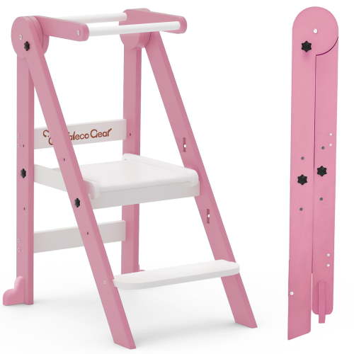 G TALECO GEAR Foldable Toddler Tower, Kitchen Kids Step Stool Helper, Standing Tower with 3 Adjustable Heights, Pink