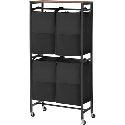 HOOBRO Laundry Sorter, Laundry Basket with Wheels, 52 Gal (198L) Rolling Laundry Hamper, 2 Tier Laundry Cart with 4 Removable Oxford Fabric Laundry Bags, Rustic Brown and Black BF71XY01