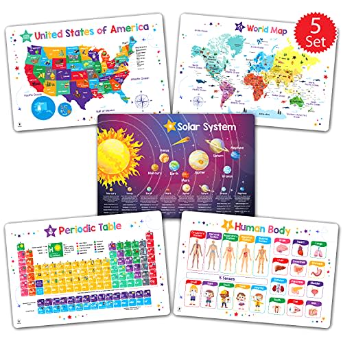 Simply Magic 5 Educational Placemats for Kids - Kids Placemats Non Slip | Kids Placemats for Dining Table, Wipeable Reusable Plastic Learning Place Mats: USA, World Map, Periodic Table, Solar System