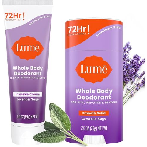 Lume Whole Body Deodorant - Invisible Cream and Solid - 72 Hour Odor Control - Aluminum Free, Baking Soda Free, Skin Safe - 3.0 Ounce Cream and 2.6 Ounce Solid Bundle (Lavender Sage)