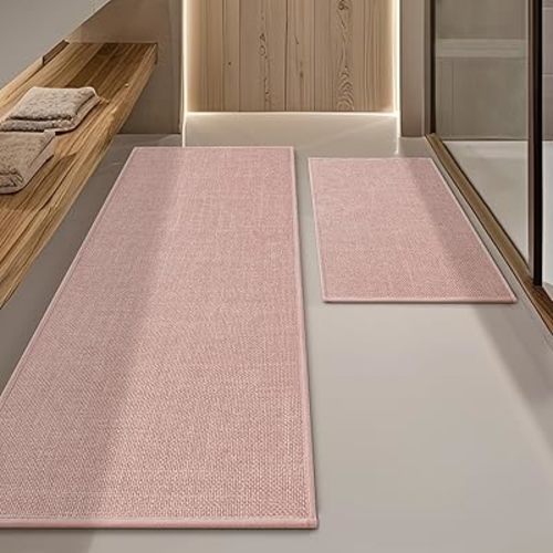 YIHOUSE Pink Bathroom Rug Sets 2 Piece, Absorbent Bath Mat for Bathroom Non Slip Washable, Bathroom Mat Quick Dry, Thin Bath Rug Set for Toilet and Floor