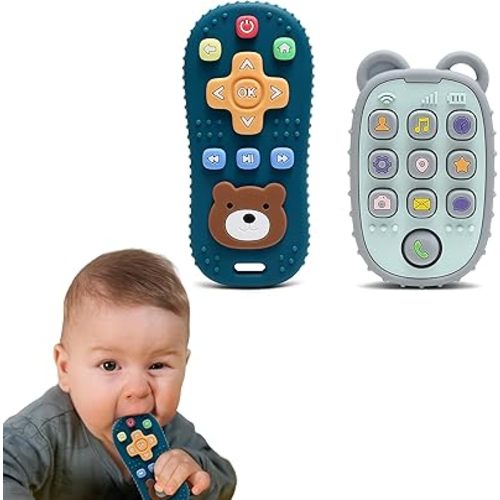 2-Pack Silicone Teethers – Remote Control & Phone Teething Toys with Popper Buttons, BPA-Free, CPC Certified Baby Essentials for Infants & Toddlers (Remote/Phone - Dark Blue/Grey)