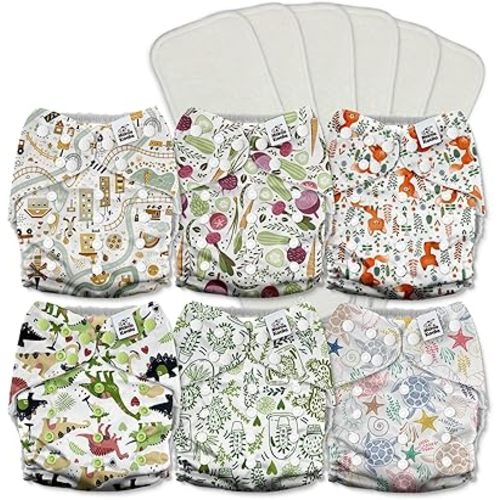 Mama Koala 3.0 Cloth Diapers for Babies with AWJ Lining, 6 Pack with 6 5-Layer Natural Cloth Diaper Inserts - Reusable and Washable Pocket Diapers(A-Happy Fox)