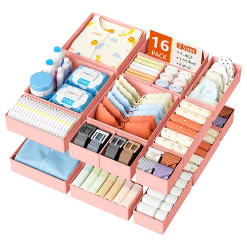 DIMJ Drawer Organizer Clothes - 16 Pack Baby Dresser Organizer for Nursery, Foldable Drawer Organizer Bins for Closet Bedroom Organization, Fabric Clothes Storage Dividers for Underwears, Socks, Bras