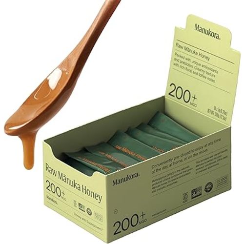 Manukora Raw Manuka Honey Sticks MGO 200+, New Zealand Honey, Superfood, 2000+ Natural Compounds, Non-GMO, 3rd-Party Tested, Glyphosate Residue Free, Traceable Hive-to-Hand, Immune and Energy Support, 7 Fl Oz, 50 Pack