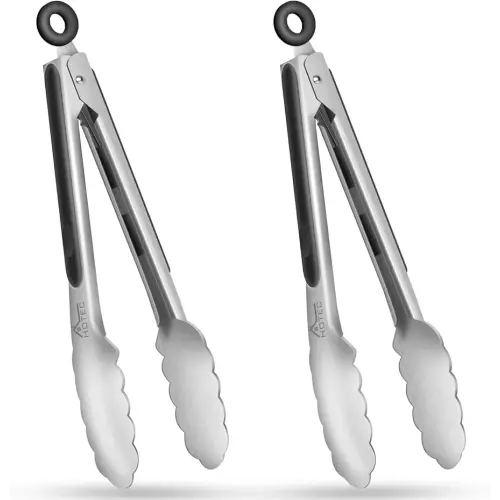 Hotec Stainless Steel Kitchen Tongs, Set of 2-9", Locking Metal Food Tongs for Cooking, Serving, BBQ, Grill Non-Slip Grip