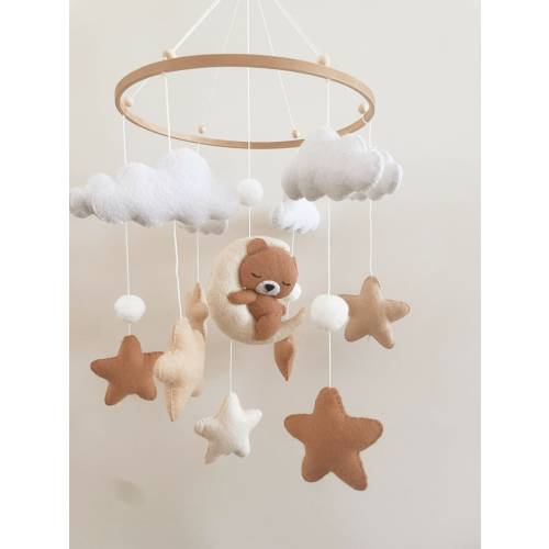 Brown Teddy Bear Nursery Mobile – Baby Crib Mobile, Neutral Woodland Nursery Decor, Bear Hanging Mobile, Baby Shower Gift, Gender Neutral
