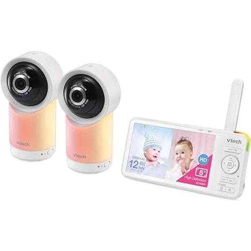 VTech RM5766-2HD RM57662HD Smart Wi-Fi 1080p 2-Camera 360°-Pan-and-Tilt Video Baby Monitor System with 5-in. Display, Night-Light, and Remote Access, White