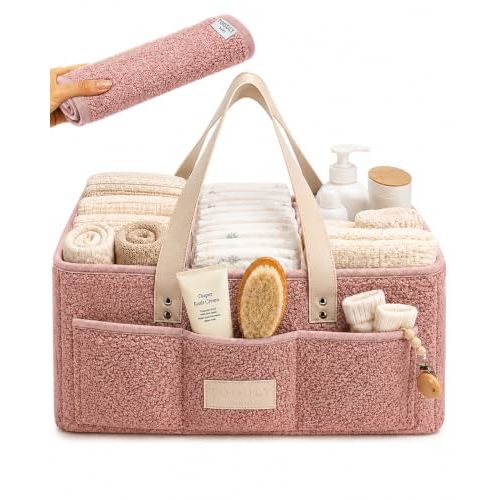 Baby Diaper Caddy Organizer with Waterproof Changing Pad, Pink | Sherpa teddy fleece nursery storage basket, removable velcro dividers, wipeable interior, newborn shower gift, car and travel