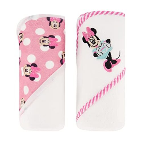 Disney Cudlie Baby Girl Minnie Mouse 2 Pack Rolled/Carded Hooded Towels in Happy Dots Print