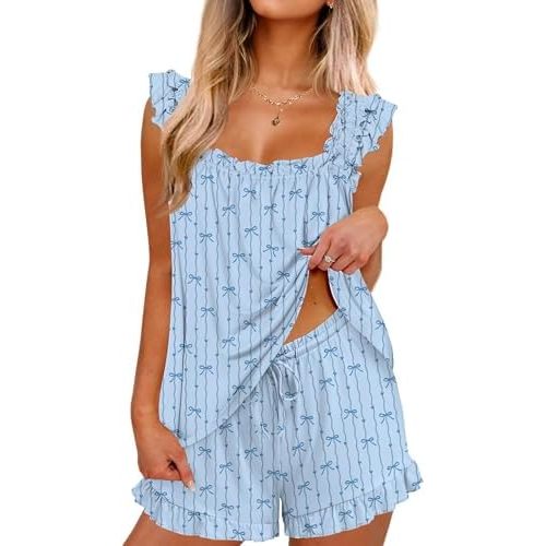 Ekouaer Pajama for Women Set 2 Piece Ruffle Pjs Soft Tank Top and Shorts Sleepwear Set Bridal Pajama Set for Women