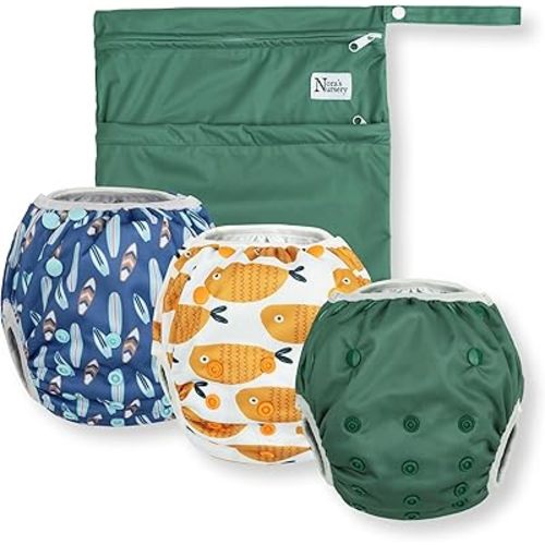 Nora's Nursery Reusable Swim Diapers and Wet Bag - One Size Fully Adjustable - Harbor Hues Unisex 3 Pack with Wet Bag