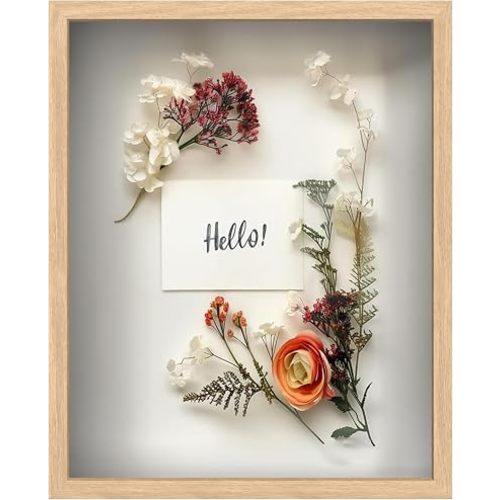 FrameWorks 16" x 20" Original Natural Oak Wooden Shadow Box Frame – Soft Felt Back, Tempered Glass, and Included Elegant White Ball Push Pins