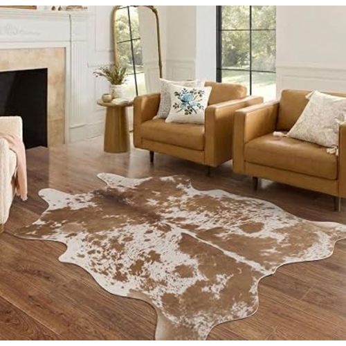 Faux Cowhide Rug 4.6x5.2 ft Cow Hide Faux Cowhide for Living Room Bedroom Dining Room Home Office Brown Cow Rug Carpet Western for Home Decor-NO Fur