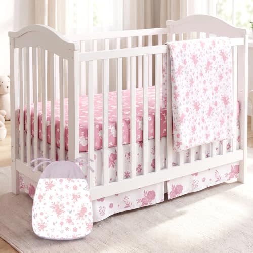 Hahafelt 4 Pieces Crib Bedding Set for Girls and Boys, Soft Baby Bedding Set Including Crib Skirt, Comforter, Sheet and Diaper Stacker for Nursery(Antique Rose)