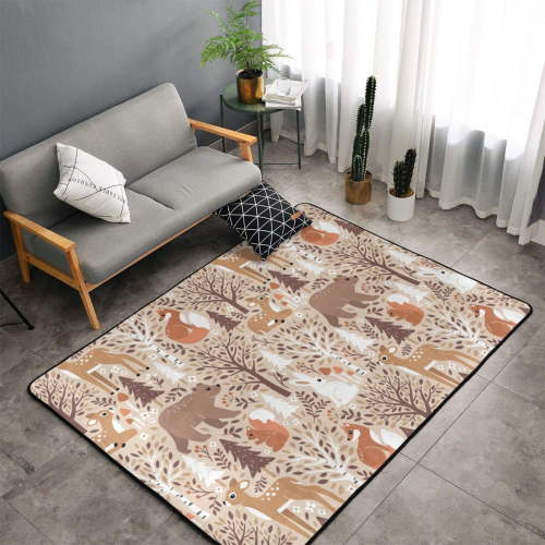 Shaggy Area Rug, Woodland Animals in Neutral Tones Rugs for Living Room Bedroom Non Slip Door Mat Indoor Carpet Machine Washable Nursery Home Decor Floor Mats for Entryway 60x39in
