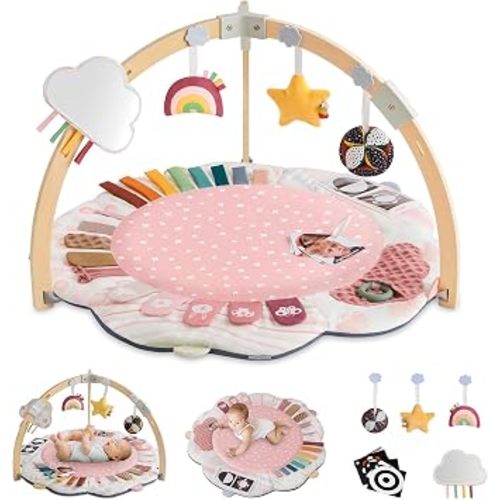 Blissful Diary Baby Play Gym & Activity Mat, 5 Developmental Zones Wooden Tummy Time Mat with 5 Detachable Sensory Toys for Motor Skills & Sensory Development, Baby Essentials Shower Gift, Pink Flower