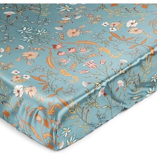 Sweet Jojo Designs Boho Wildflower Vintage Floral Girl Baby Satin Fitted Crib Sheet Infant Newborn Nursery Toddler Bed Room Standard Mattress Turquoise Orange Botanical Bohemian Farmhouse Cottagecore