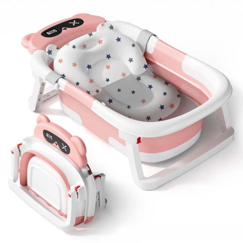 Babyomi Baby Bathtub with Durable Bath Tub and Cute Bear Thermometer, Soft Detachable Cushion No-Slip Hanging and Shower Hat, Foldable Bathtub for Newborn to Toddler, Pink