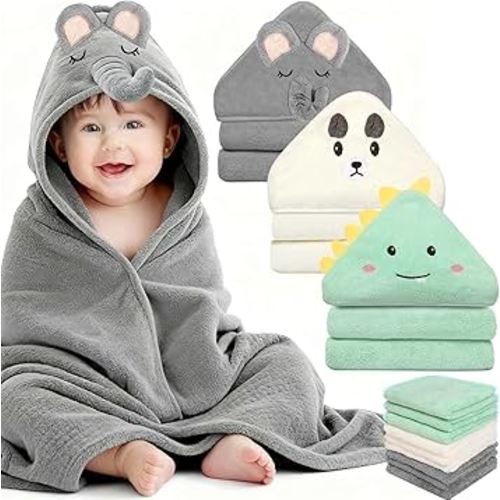 12 Pcs Baby Towels and Washcloths Set, Hooded Baby Towel, Soft and Absorbent Baby Bath Towels, 3 PCS Cute 32x32 in Baby Towel with Hood and 9 Pcs Baby Washcloths for Boys and Girls