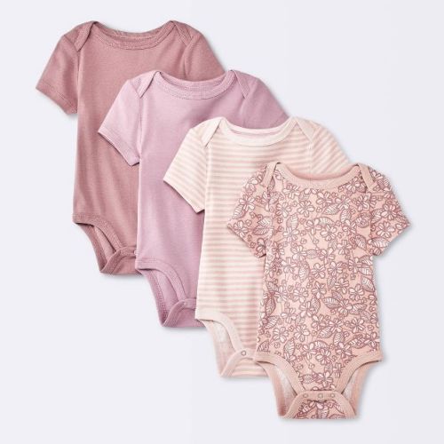 Baby Girls' 4pk Floral Short Sleeve Cotton Bodysuit - Cloud Island™ Pink 0-3m
