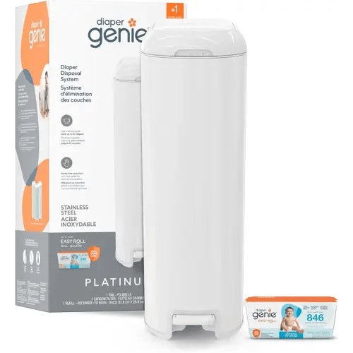 Diaper Genie Platinum Diaper Pail, White - Made in Durable Stainless Steel and Includes 1 Easy Roll Refill with 18 Bags