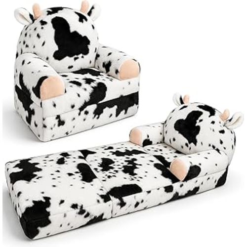 Toddler Chair with Faux Rabbit Fur – 2-in-1 Foldable Kids Couch, Soft Sofa for Reading, Bedroom or Playroom Use, Ages 1-3（Cow）
