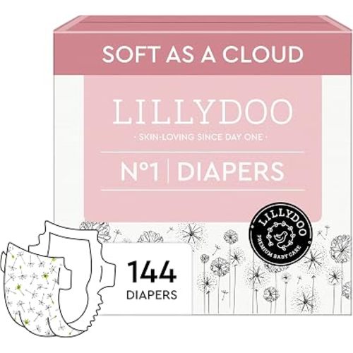 LILLYDOO Baby Diapers, Size 1 (4+ lbs), 144 Count, Hypoallergenic & TCF