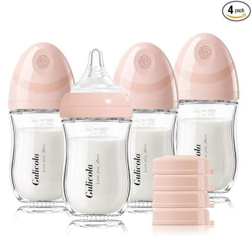 Gulicola Natural Glass Baby Bottle 4 Pack, Newborn Breastfeeding Bottles Set, Extra Slow Flow Nipples (SS), Anti Colic, 0 Months+, 5 oz - Pink