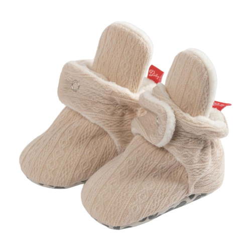 Fleece Baby Booties, Warm Cozy Baby Slippers, Stay On Sock Shoes, Easy to Put on, Unisex Baby Gifts, Soft Non-Slip Adjustable Newborn Boots for Boys and Girls Beige 0-6 Months