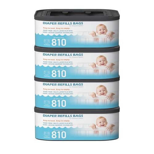 Jumbo Square Refills Disposal Bags Refill (Baby Powder Scent) Compatible with Diaper Genie Classic, Compact, Premier and Select Pails, Hold Up to 810 Newborn-Sized Diapers Per Refill, 4 Packs