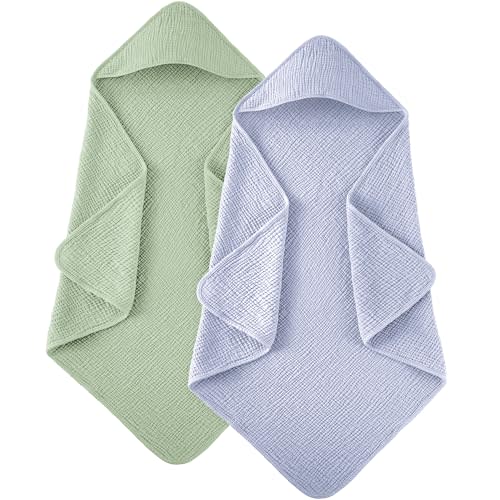 Susurration Hooded Baby Towels for Newborn 2 Pack 100% Muslin Cotton Towel for Babies，Highly Absorbent and Newborn Essential (Blue&Green)