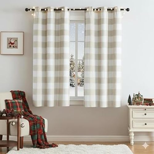 Tan White Buffalo Plaid Full Blackout Curtain Panel 72 Inch,Farmhouse Geo Checkered Drape with Darkening Liners,Grommet Energy Efficient Window Treatment for Bedroom Living Room,40"Wx72"Lx2