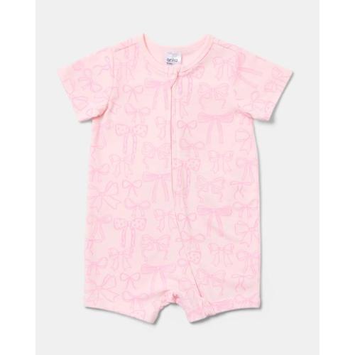 Cotton Short Sleeve Zip Romper - Multi Bows - 000