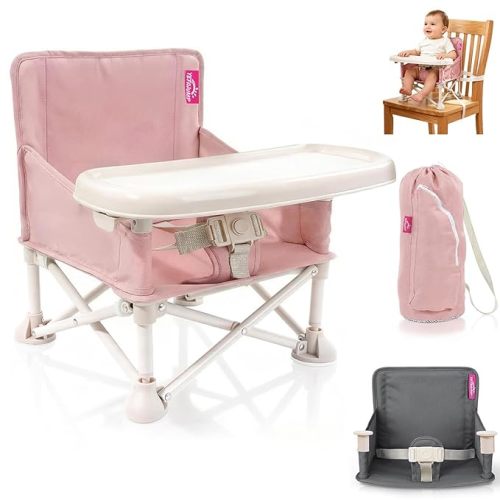 Portable Baby Chair, Baby Beach Chair with 2-Pack Interchangeable Seat Covers, Portable Booster Seat with Tray & Travel Bag, Compact Foldable, Easy-Swap Colors, Perfect for Travel