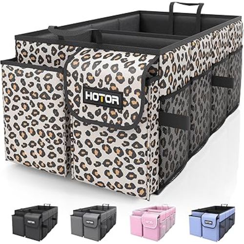 HOTOR Trunk Organizer - Car Organizer, Foldable Trunk organizer for SUVs & Sedans, Sturdy Car Organization for Car Accessories, Tools, Sundries, Brown Leopard, 2 Compartments, 21.3"×12.6"×10.6"